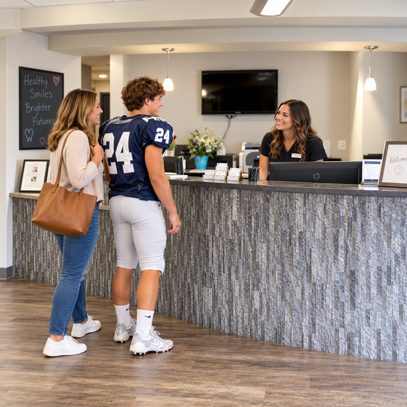 Teen and parent arriving at a pediatric dental office in Parker, CO for an urgent dental concern