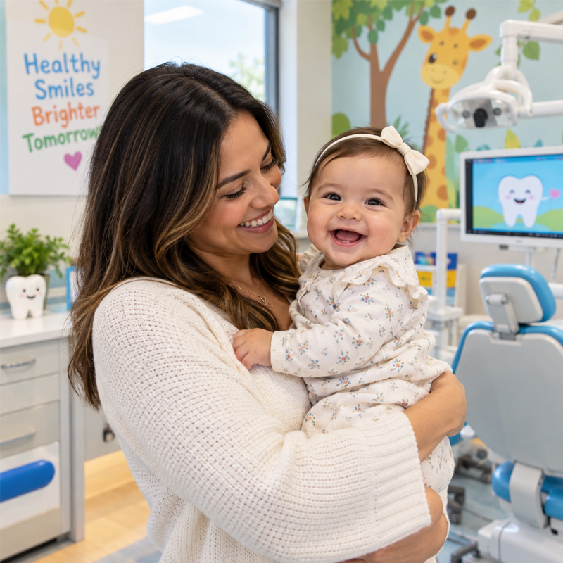 Parent holding a smiling baby during a first pediatric dental visit