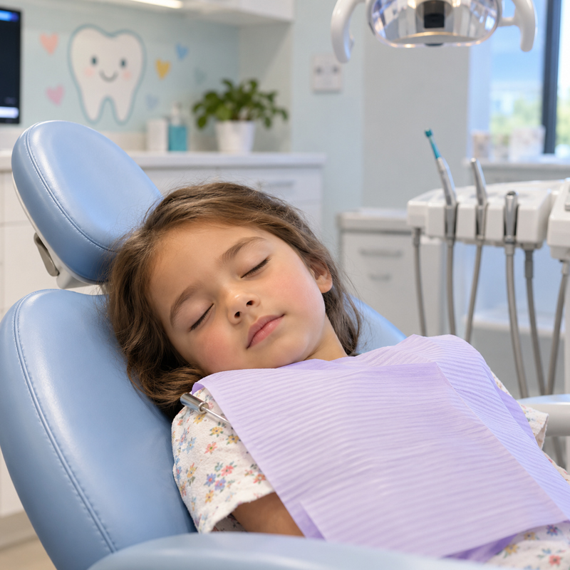 Child resting comfortably in a dental chair during pediatric sedation dentistry