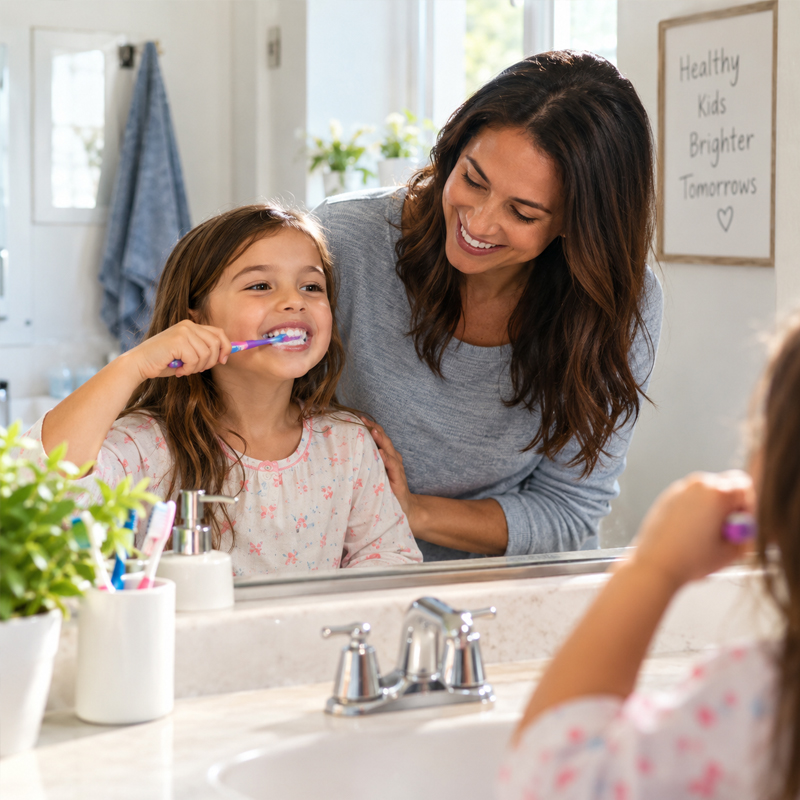 Parent helping a child brush with fluoride toothpaste to help prevent tooth decay