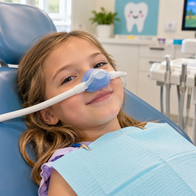 Child resting comfortably with a nitrous oxide mask during pediatric dental treatment