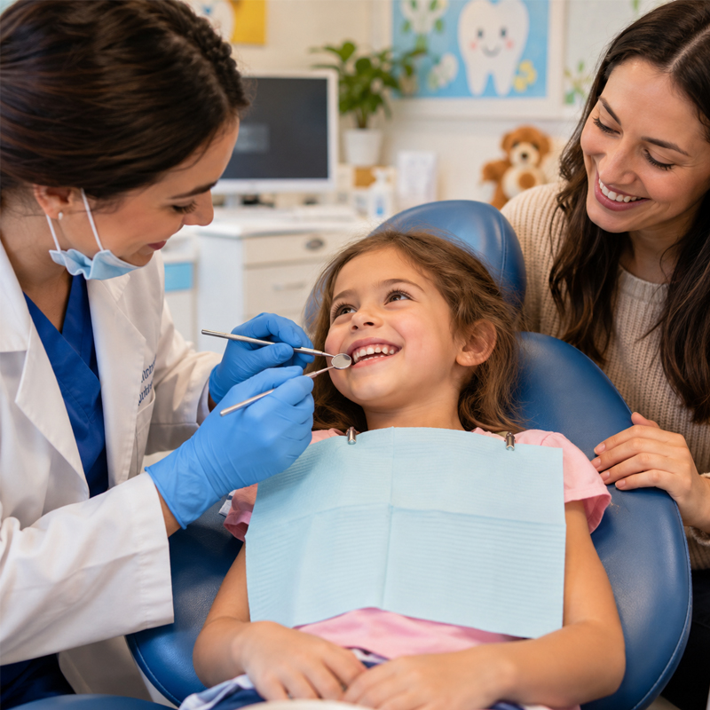 Child having a first dental visit with a parent nearby at a pediatric dental office