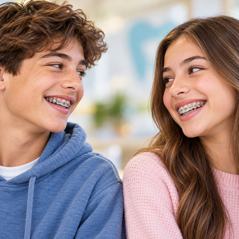 Two smiling teens comparing self-ligating braces and traditional braces