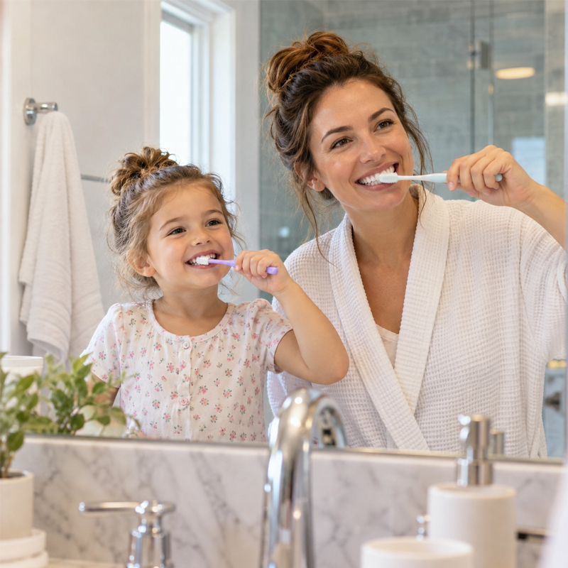 Mother and daughter brushing their teeth together to represent healthy smiles and pediatric dental care