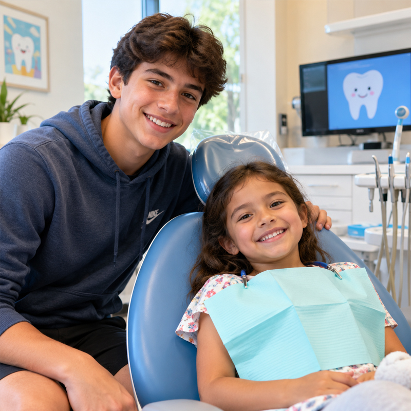 Young child smiling in a dental chair with her teenage brother beside her during a pediatric dental visit