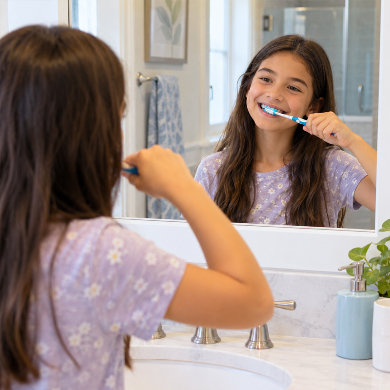 Child brushing teeth independently while practicing good oral hygiene