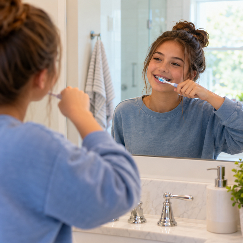 Teenager brushing teeth to maintain healthy oral hygiene during adolescence