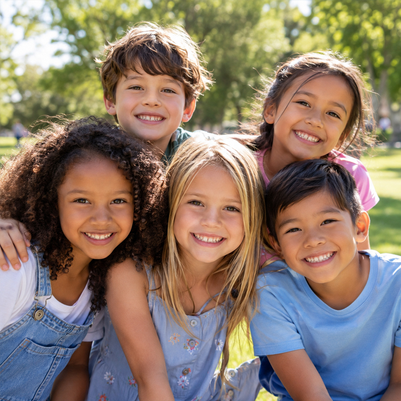 Group of smiling children representing cavity prevention, tooth decay care, and restorative dentistry for kids