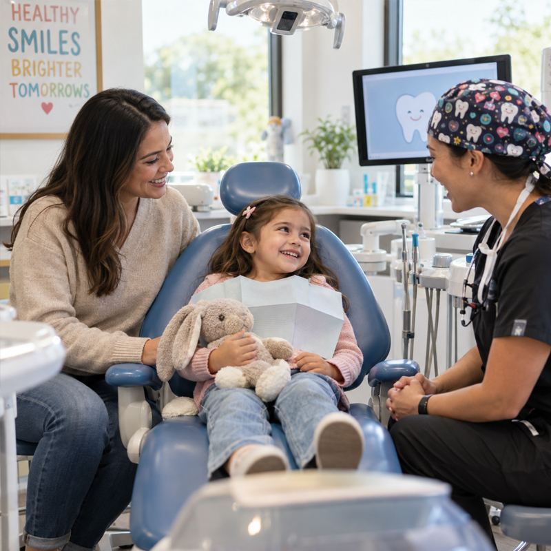 Child and parent during a first visit to a pediatric dental office