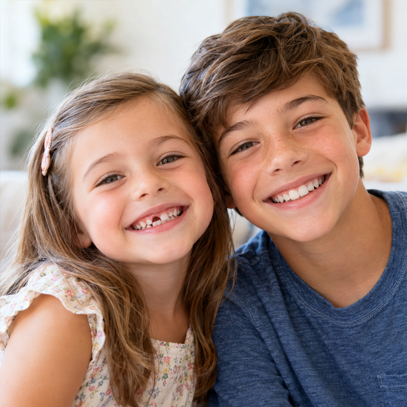 Children of different ages smiling to represent restorative care for baby and permanent teeth