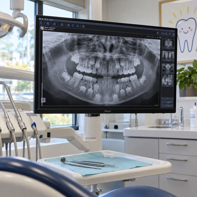Pediatric dental monitor displaying an X-ray of a child’s teeth before evaluating a tooth for extraction