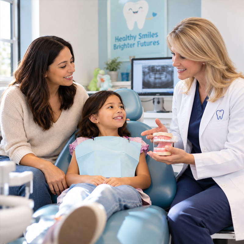 Parent and child discussing silver diamine fluoride and cavity treatment options with a dental professional