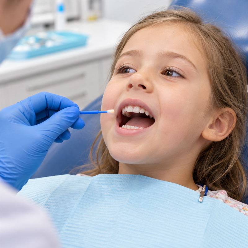 Child in a dental chair during preparation for dental sealant treatment