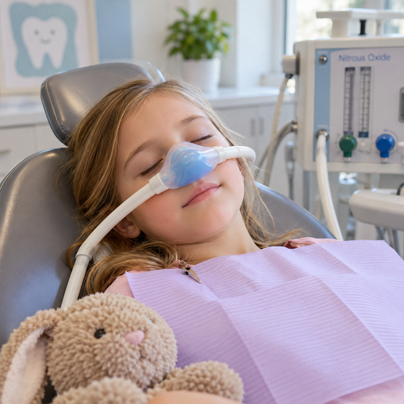 Young girl resting comfortably in a dental chair with a nitrous oxide mask during sedation dentistry treatment