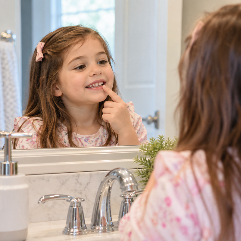 Young child looking at her teeth in a mirror to represent what a dental cavity is