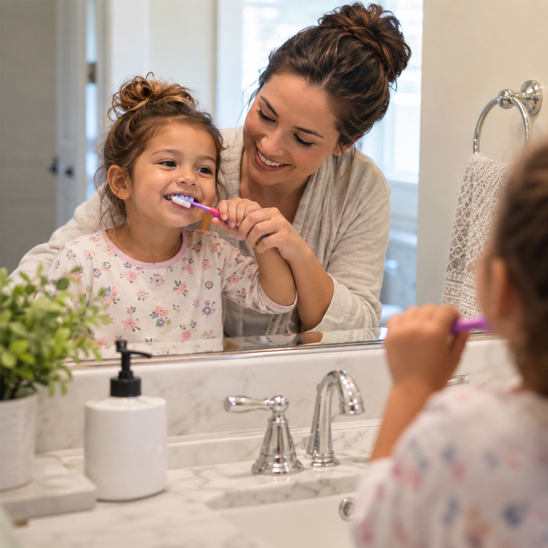 Parent helping a young child brush teeth as part of a healthy oral hygiene routine
