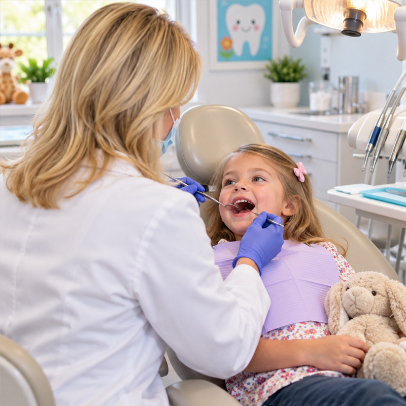 Young child receiving a pediatric dental cleaning in a dental chair